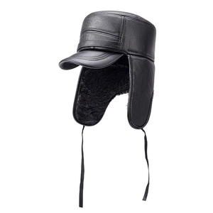 Men winter ear protection aviator hat in black leather with thick faux fur lining