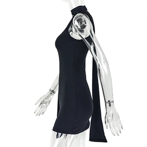 Detail of black sleeveless mini dress featuring a chic high neck and elegant long neck sash