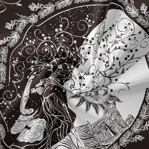 Detail of a black and white butterfly tapestry with sun and clouds illustration
