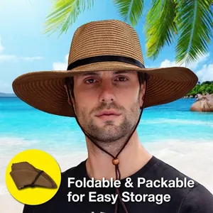Chapeau de soleil pliable en paille pour hommes avec large bord et mentonnière réglable