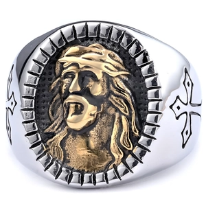 Vintage silver and gold Jesus cross ring with thorn crown relief for men in retro style
