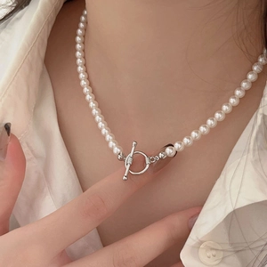 French Minimalist Faux Crystal Artificial Pearl Clavicle Necklace With 925 Sterling Silver OT Toggle Clasp For Women Elegant Jewelry