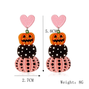 Detail showing acrylic Halloween pumpkin and pink heart layered drop earrings with dimensions