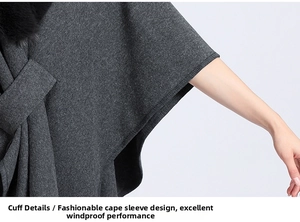 Detail of dark grey cape sleeve cuff with premium faux fur trim for wind resistance