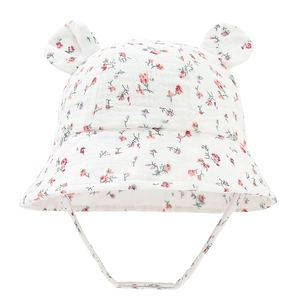 Detail of baby cotton bucket hat with orange floral print and cute bunny ears