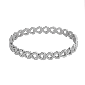 Detailed view of silver stainless steel bangle with hollow heart-shaped link patterns
