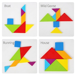 Colorful wooden tangram puzzle set showing creative shapes of boat and swan