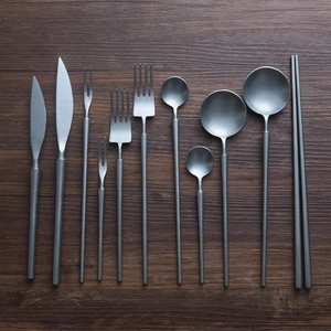 Retro Matte Silver Grey 304 Stainless Steel Dinner Knife Fork Spoon Chopsticks Vintage Long Handle Flatware For Elegant Dining