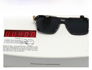 Detail of square pilot sunglasses with gold metal accents on a UV400 protection tester