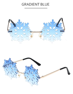 Detail view of snowflake shaped sunglasses with gradient blue lenses and gold metal frame