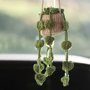 Handmade Crochet Knitted Plant Hanging Ornament For Car Rearview Mirror Home Decor Yarn Potted Heart Leaves Flower