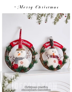 Christmas snowman rattan wreaths with pine cones and Merry Christmas banners on fireplace