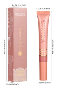 Pink lip gloss with squeeze tube and plush applicator showing precise product dimensions