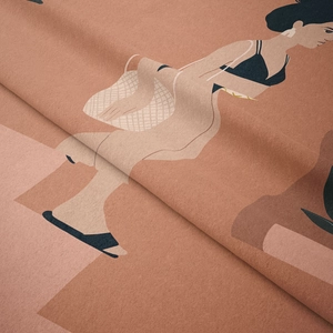 Detail shot of terracotta bohemian tapestry showing soft velvet texture and modern female art