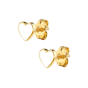Elegant heart-shaped gold-plated stud earrings with white enamel finish on white background