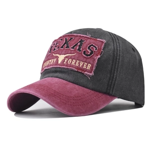 Close-up of distressed cotton baseball cap featuring Texas Forever bull embroidery