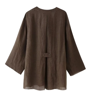 Detail of dark brown linen kimono wrap jacket back with adjustable button strap and texture