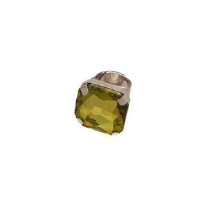 Exaggerated square olive green crystal ring with silver four-prong setting for women