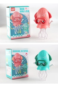 Detail of pink and teal dancing octopus toys with colorful retail gift box packaging