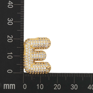 Macro shot of gold-plated cubic zirconia letter E pendant with dimension measurements