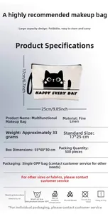 Detail view of linen cat makeup bag with zipper and handle showing size 17x25cm specifications