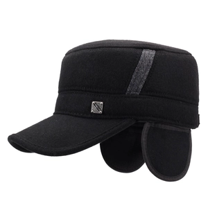Men's winter wool flat top cap in black with ear flaps and fashion metal logo badge