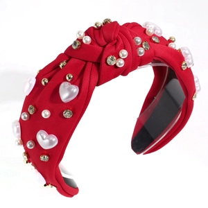 Fashion red knotted headband with pearls, heart beads and rhinestones for women