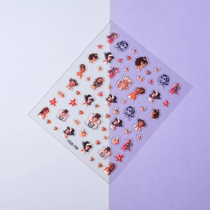 Detailed 5D relief nail art sticker FEB-798 with cartoon girls and floral patterns