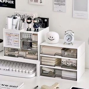 Stackable white and clear desktop storage drawers for stationery and office organization