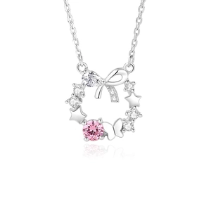 Elegant S925 silver necklace with bow, butterfly, and pink gemstone pendant on white background