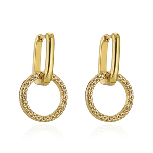 Detail of 18K gold plated copper earrings with zircon pavé round pendants and clear reflections