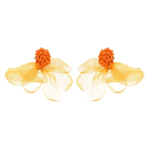 Elegant floral clip-on earrings with yellow chiffon petals and orange beaded centers