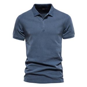 Men's navy blue cotton polo shirt with lapel collar and short sleeves in flat lay view