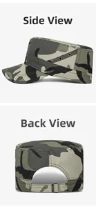 Dettaglio del cappello camouflage con fori di ventilazione laterali e fibbia in metallo regolabile