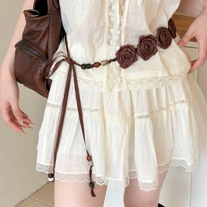 Vintage brown flower waist chain belt with rose petals and beads for dresses or jeans