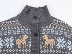Detail of grey jacquard knit cardigan with horse patterns and resin buttons