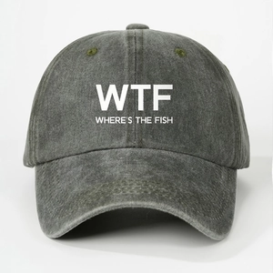 Detail of vintage washed cotton baseball cap featuring WTF Where's The Fish print