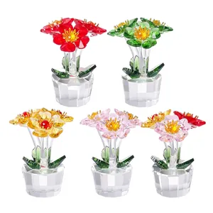 Set of 5 colorful crystal flower ornaments with faceted petals and hexagonal bases