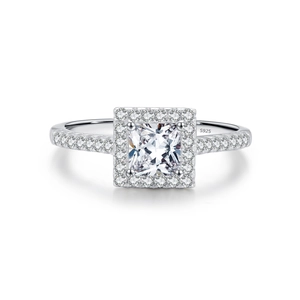 Square cut diamond halo ring in S925 sterling silver with sparkling pavé band