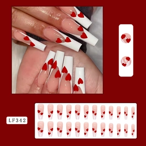 Long ballet press-on nails with white French tips and red heart patterns, 24 pieces
