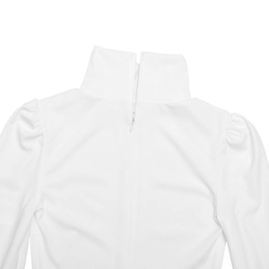 Close-up of white high-neck bodysuit featuring bubble sleeves and invisible back zipper