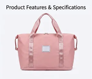 Flat lay of pink waterproof nylon travel bag with durable top handles and zipper closure