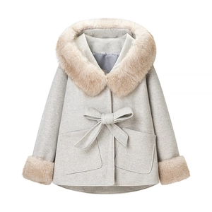 Cappotto Di Lana Da Donna Con Cappuccio E Collo In Pelliccia Sintetica Stile Mantella Vita Fiocco Giacca Invernale