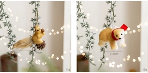 Detail of plush squirrel and bear ornaments with dimensions and festive background