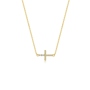 Elegant gold S925 sterling silver cross pendant necklace with zircon stones on white background