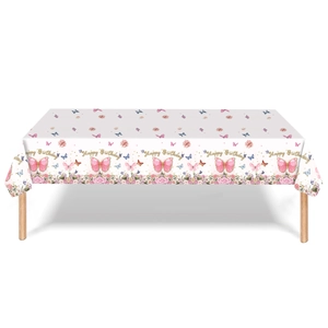 Detail of pink and gold butterfly floral pattern on disposable Happy Birthday tablecloth