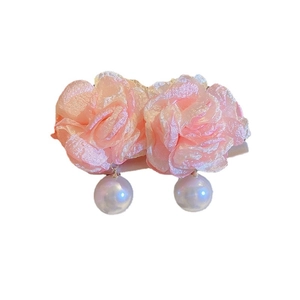 Pink floral tulle earrings with elegant white faux pearl drops for a romantic look