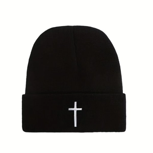 Bonnet En Maille Unisexe Avec Broderie Croix Acrylique Chaud Hiver Streetwear Hip Hop Bonnet