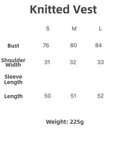 Size chart showing bust and length measurements for the women's knitted vest