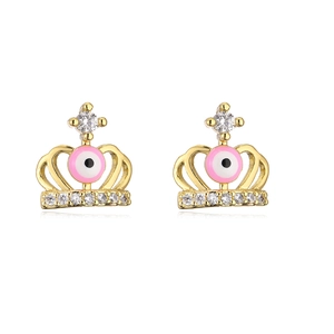 Macro detail of 18K gold plated crown stud earrings with pink evil eye and zircon stones